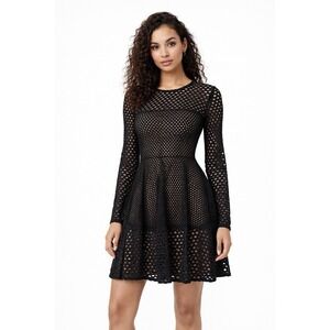 BCBG MAXAZRIA Black Mesh Eyelet Long Sleeve Fit Flare Dress XS Gothic Cocktail